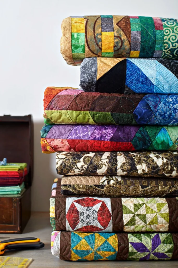 stack of colorful folded quilts.
