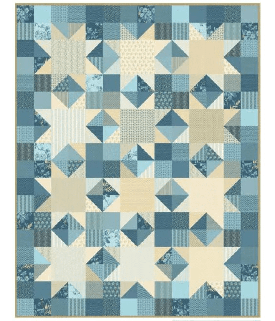 Sawtooth star quilt pattern with blue background.