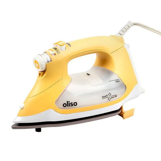 Yellow Oliso Iron with a white background.